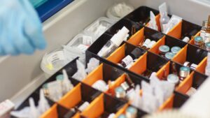 Medication tray with a hospital pharmacy being prepared for the operating room