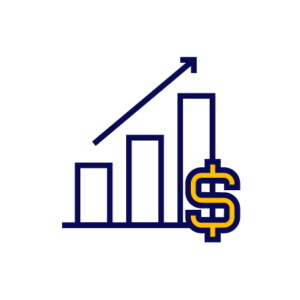 Bar chart with money symbol and upward arrow to show money increasing